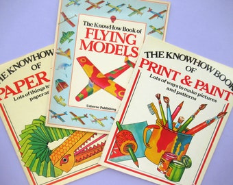 3 Vintage Kids Art / Craft / Activity Books, The KnowHow Book of Paper Fun, Flying Models, Print & Paint, Usborne, childrens books, 70s, 80s