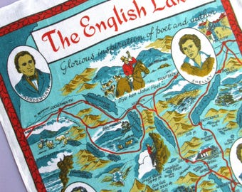 Vintage English Lakes Map Tea Towel: Wordsworth, Shelley, Literary Gift, Lake District Souvenir