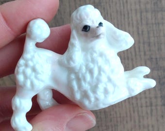 Vintage White Ceramic Poodle Figurine: Hand-Painted Retro Kitsch, Dog, Animal Ornament, 50s, 60s