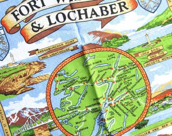 Vintage Tea Towel: Fort William & Lochaber, Scotland, Scottish souvenir, illustrated map, cotton, blue, green