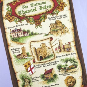 Die historischen Kanalinseln, Vintage Geschirrtuch, Retro Kanalinseln Souvenir, Baumwolle, Clive Mayor, Geschirrtuch, 80er Jahre (leichter Farbverlust)