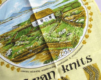 Vintage Tea Towel: Aran Knits, Irish Aran Islands, Souvenir, Traditional Knitting Stitches, Unused Linen