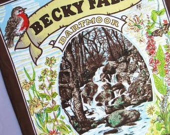 Vintage Tea Towel: Becky Falls, Dartmoor, Waterfall, British Wildlife, Souvenir, Cotton, Nature, Retro