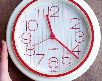 Vintage 80s Wall Clock, Plastic, 1980s, Analogue, Quartz Movement, Red, Cream, Original 1980s Decor