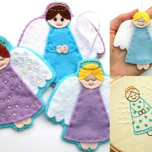 Angels PDF Pattern by Laura Lupin Howard. Felt Christmas Ornament Sewing Tutorial and Embroidery Pattern, make cute felt guardian angel decorations!