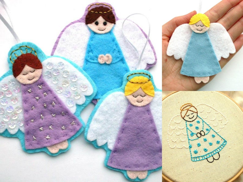 Angels PDF Pattern by Laura Lupin Howard. Felt Christmas Ornament Sewing Tutorial and Embroidery Pattern, make cute felt guardian angel decorations!