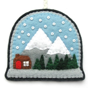 Snow Globe PDF Pattern by Laura Lupin Howard. Felt Christmas Ornament Sewing Tutorial & Embroidery Pattern, cute winter scene, snowglobe, tree decoration.