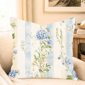 Cottage Garden Pillow Cover, Blue Hydrangea Pillowcases, Floral Throw Pillows, Watercolor Sofa Cushion, Botanical Home Decor, Nature Gift