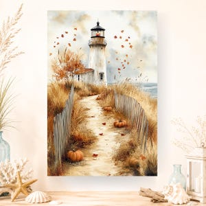 Fall Coastal Lighthouse Print, Beach House Wall Decor, Seaside Autumn Landscape, Ocean Canvas Artwork, Framed Nautical Poster