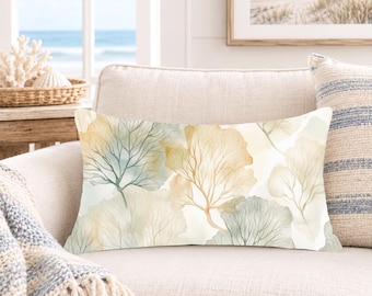 Watercolor Sea Fan Coral Lumbar Pillow Cover, Coastal Cushion, Ocean Throw Pillows, Beach House Pillowcase Decor Accent Art