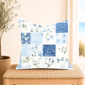 Blue Floral Patchwork Pillow Cover, Cottage Pillowcases, Throw Pillows, Sofa Cushion Decor, Watercolor Botanical Accent, Farmhouse Cushion