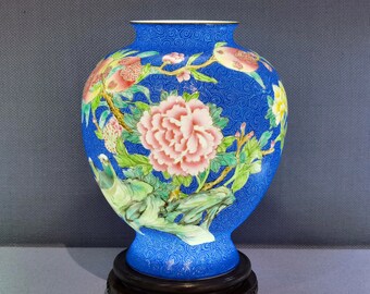 Hand Painted Crimson Sgraffito Peony and Mandarin Duck Porcelain Vase