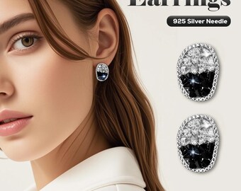925 Silver Gold Plated Stud Earrings Black White Crystal Women Oval Gift Elegant