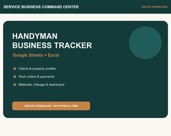 Handyman Business Tracker | Client, Work Order, Job & Payment Spreadsheet | Excel + Google Sheets