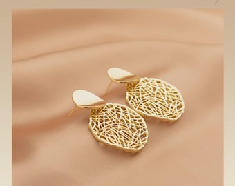 925 Silver Gold Plated Mesh Cut Earrings Elegant Statement Jewelry Women Gift