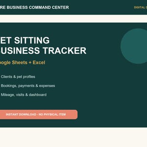 May include: A digital pet sitting business tracker template for Google Sheets and Excel. The dark green graphic features white text reading PET CARE BUSINESS COMMAND CENTER and PET SITTING BUSINESS TRACKER, with lists for clients, bookings, and mileage.