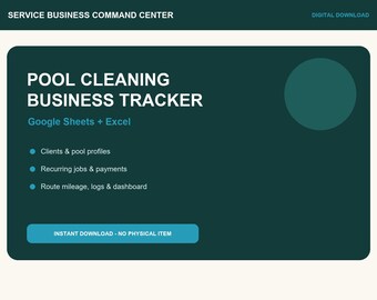 Pool Cleaning Business Tracker | Client, Pool, Route, Job & Payment Spreadsheet | Excel + Google Sheets