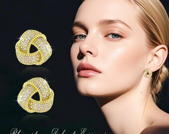 925 Sterling Silver Gold Plated Rhinestone Knot Stud Earrings Women Fashion Gift