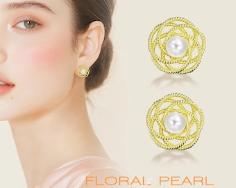 925 Silver Gold Plated Floral Round Pearl Stud Earrings Elegant Hypoallergenic