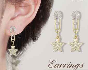 925 Silver Gold Plated Rhinestone Star Dangle Drop Earrings Women Jewelry Gift