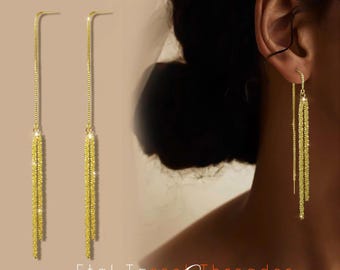 925 Sterling Silver Gold Plated Tassel Threader Earrings Dangle Drop Elegant