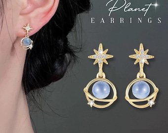 925 Silver Gold Plated Planet Star Dangle Earrings Hypoallergenic Women Jewelry