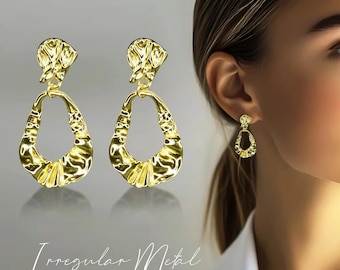 925 Silver Gold Plated Irregular Metal Drop Earrings Statement Jewelry Gift Chic