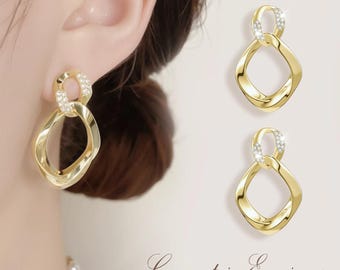 925 Sterling Silver Gold Plated Geometric Drop Earrings Rhinestones Elegant Chic