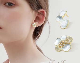 925 Silver Gold Plated Stud Earrings Flower Pearl Asymmetric Camellia Women Gift