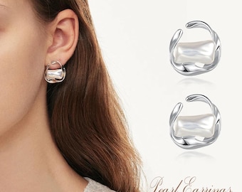 925 Silver Gold Plated French Pearl Stud Earrings Elegant Women Jewelry Gift