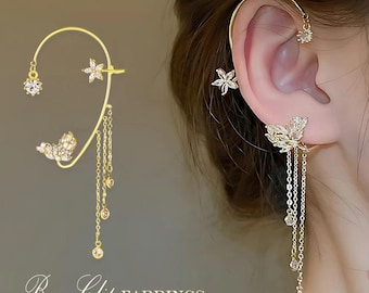 925 Silver Gold Plated Bone Clip Earrings Fringe Flower Dangle Ear Cuff Jewelry