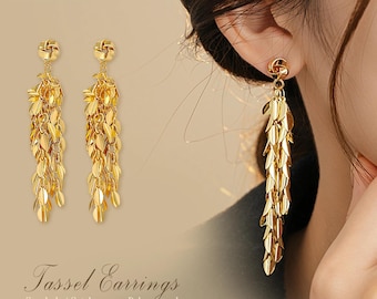 925 Sterling Silver Gold Plated Leaf Tassel Dangle Earrings Women Gift Jewelry
