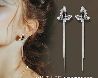 925 Silver Gold Plated Butterfly Tassel Dangle Earrings Women Jewelry Gift Retro
