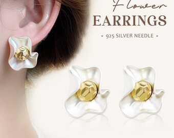 925 Silver Gold Plated Flower Earrings Stud Hypoallergenic Elegant Chic Jewelry