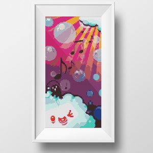 May include: A framed pixel art print featuring a whimsical scene with a cloud-like character, musical notes, and bubbles against a pink and purple background. The artwork includes rays of light and a playful, dreamlike aesthetic.