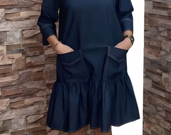 Cotton A-Line Mini Dress with Sleeves and Pockets