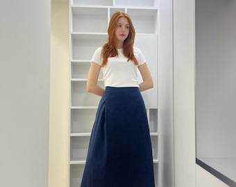 ハイウエストデニムマキシスカート、ロングダークブルーコットンブレンド