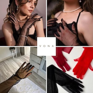 Black sexy gloves, long black gloves, black sheer gloves, evening dress gloves, long tulle gloves, party gloves, formal fashion gloves