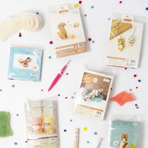 Pu&ograve; includere: Una variet&agrave; di kit di feltro ad ago che presentano diversi animali e oggetti. I kit includono lana, aghi e istruzioni. I kit sono confezionati in sacchetti di plastica trasparenti con disegni colorati. I kit sono disposti su una superficie bianca con pompon colorati sparsi intorno.