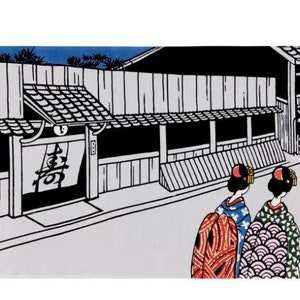 Japanese Tenugui Towel – Maiko in Pontocho Kyoto – Eirakuya Yuzen Dyed Cotton – Geisha Wall Hanging – Made in Japan