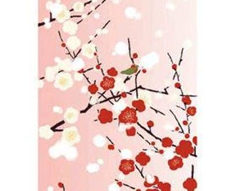 Toalla de algodón japonesa Tenugui: tela teñida a mano con flores de ciruelo rojo