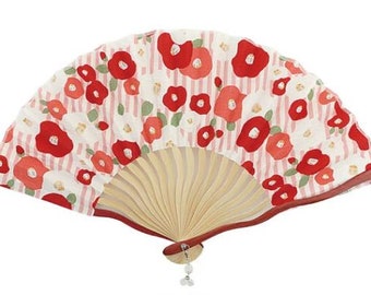 Japanese hand fan, cotton and bamboo fan, 21cm, Striped Camellia Pink and black