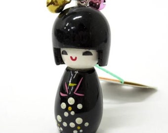Japanese kokeshi doll, Handmade Wooden Kimono Kokeshi Strap, mini kokeshi doll, japanese netsuke