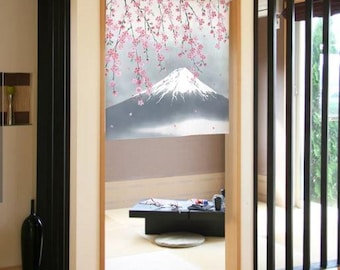 Cortina Noren japonesa: divisor de puerta con motivos Fuji y Sakura