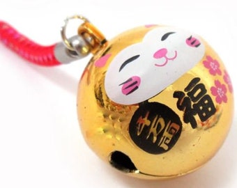 Gold Beckoning Cat Japanese phone strap, manekineko bell, japanese cat manekineko lucky bell strap