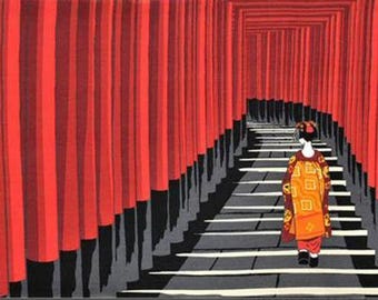 Tenugui japonés: Maiko en el santuario Fushimi Inari - Yuzen Dyed Cotton Wall Art