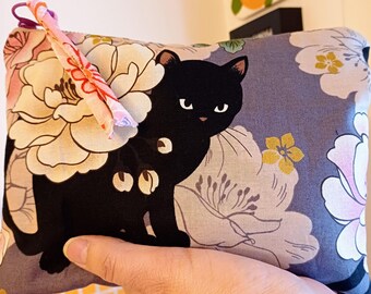 Bolsa de tela japonesa: bolsa de algodón con cremallera y diseño de gato y flores