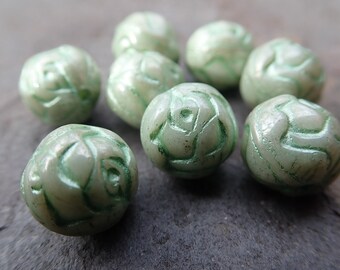 Sage Green Rose Czech Bead 10MM - Set of 8