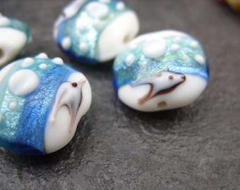 Lampwork Beads - Blues, White and Gold with a Little Fish