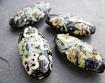Black Lampwork Beads With a Floral Design - B-6512